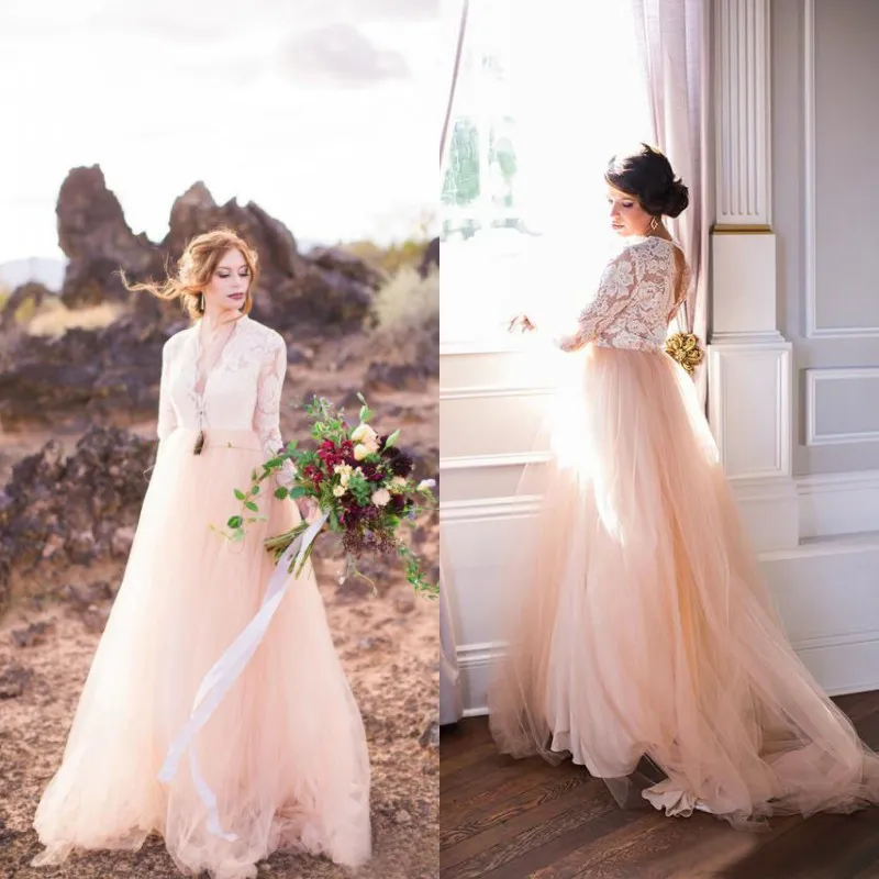 Blush Pink Tulle Country Wedding Dresses 2016 Cheap Ivoey Lace Long Sleeve V Neck Keyhole Back Long Bridal Gowns Custom Made EN102513