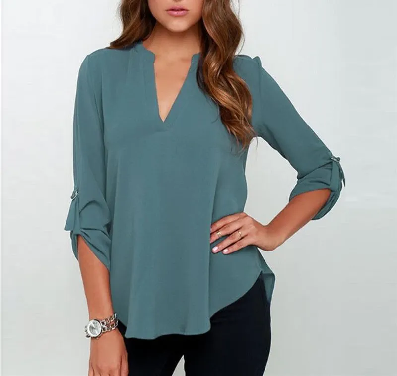 Women Blouse Long Sleeve V-Neck Chiffon Shirts Loose Solid Color Women 9colors Free Shipping