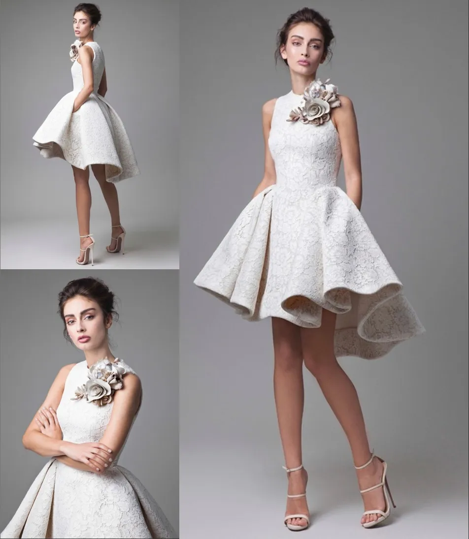 Lace Short Evening Dress Pleated Ball Gown Skirt for Princess Crew Neck Flower Designer