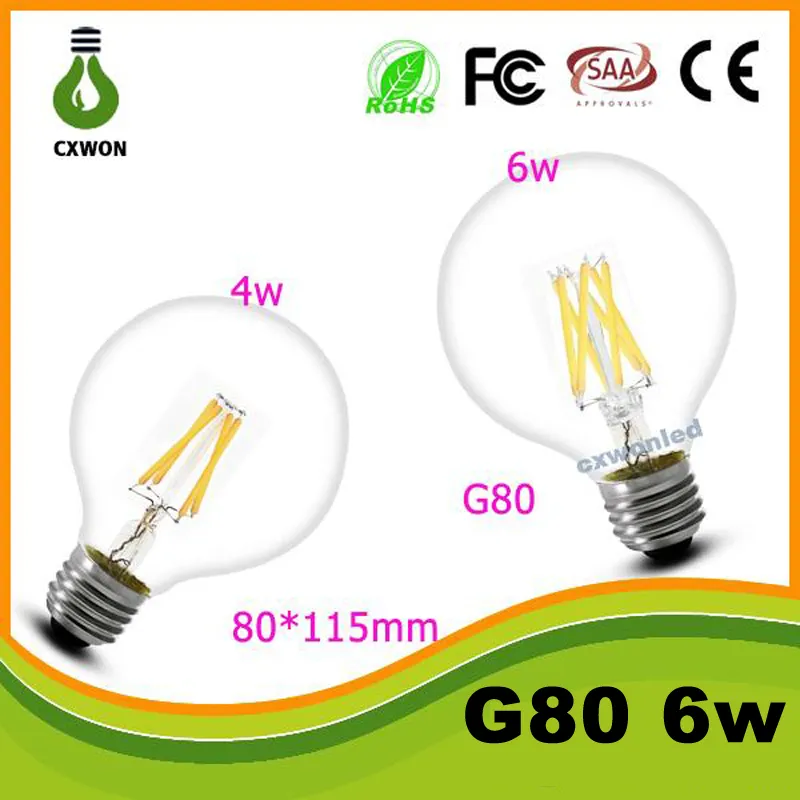 Ampoule à filament led G80, haute luminosité, durée de vie de 50 000 heures, ce rohs ul e27 e14 b22 6w, pour la décoration intérieure