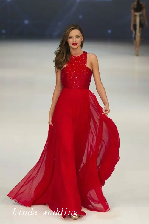 Fashion Miranda Kerr Runway Red Sequins Chiffon Evening Dress Long Prom Dres Celebrity Dress Formal Party Gown