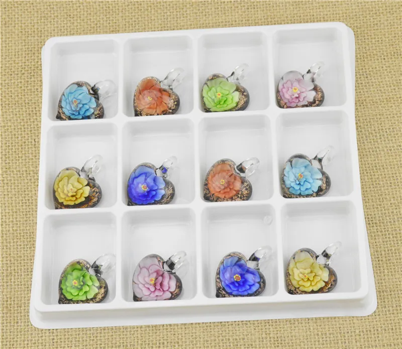 유리 펜던트 목걸이 3D 플라워 하트 사랑 무라노 유리 보석 쥬얼리 Lampwork 유약 펜던트 저렴한 에