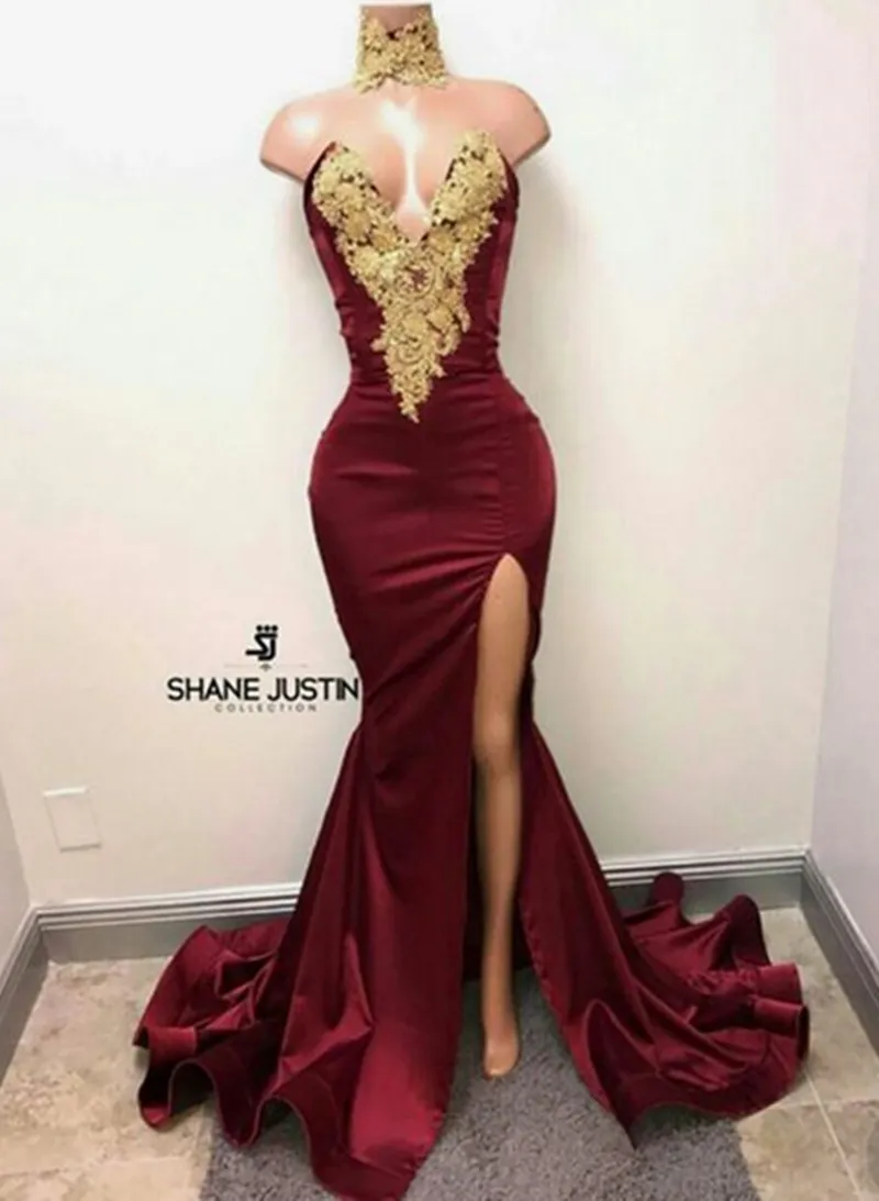 Sexy Burgundy Evening Dress Side Split Sweep Train Gold Applique with rhinestones Prom Gowns Custom Made Elastic Satin/Velvet Evening Gowns