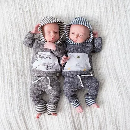 Ins Infant Baby Set Boys Diasosaur Outfits Kids Stripe Hooded Tops Sweatshirt + Pants Children Cotton Clothing Suit 13532
