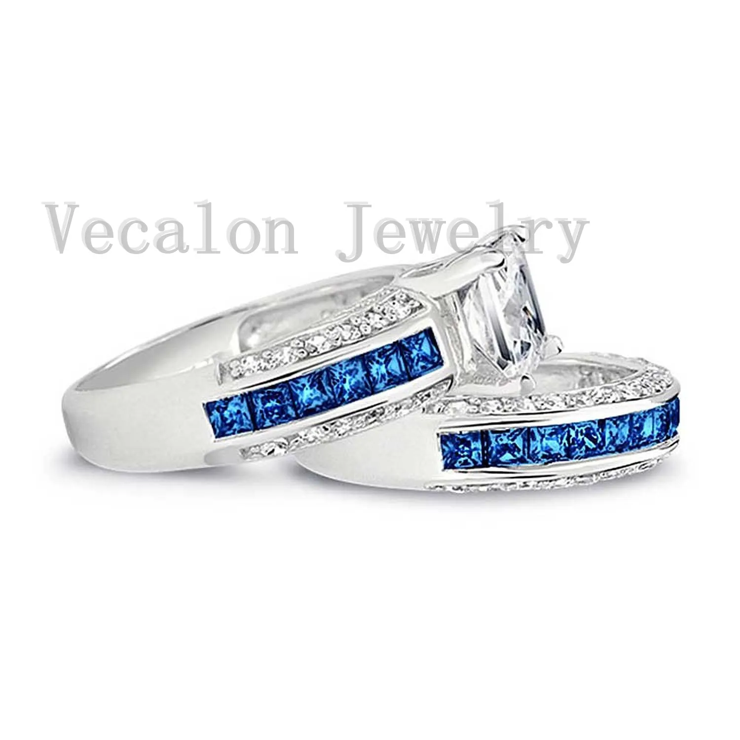 Vecalon Brand Design Tanzanite Cz Diamond Wedding Band anello set le donne 10KT oro bianco riempito femminile anello di fidanzamento