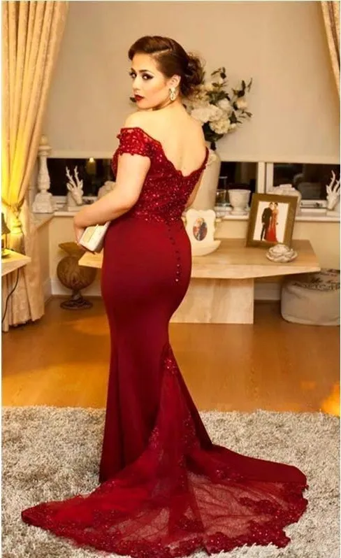 Burgundy Off The Shoulder Prom Dresses Long Cap Sleeves Beads Sequins Lace Appliques Mermaid Evening Gowns African Party Dress Ves4082718