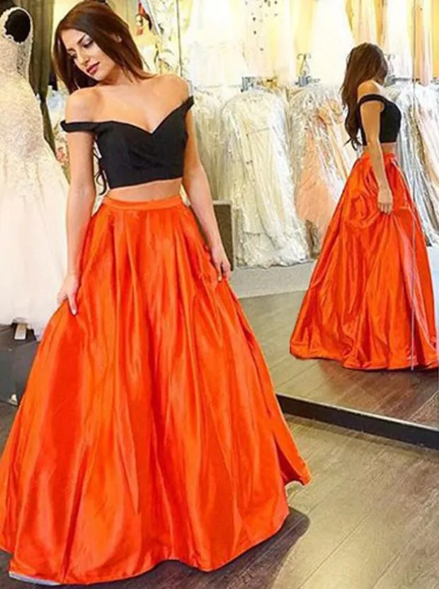 2016 Black Long Prom Dresses Off Shoulder 2 Piece Prom Dress Taffeta A Line Orange Women Special Occasion Events Evening Party Gowns Online