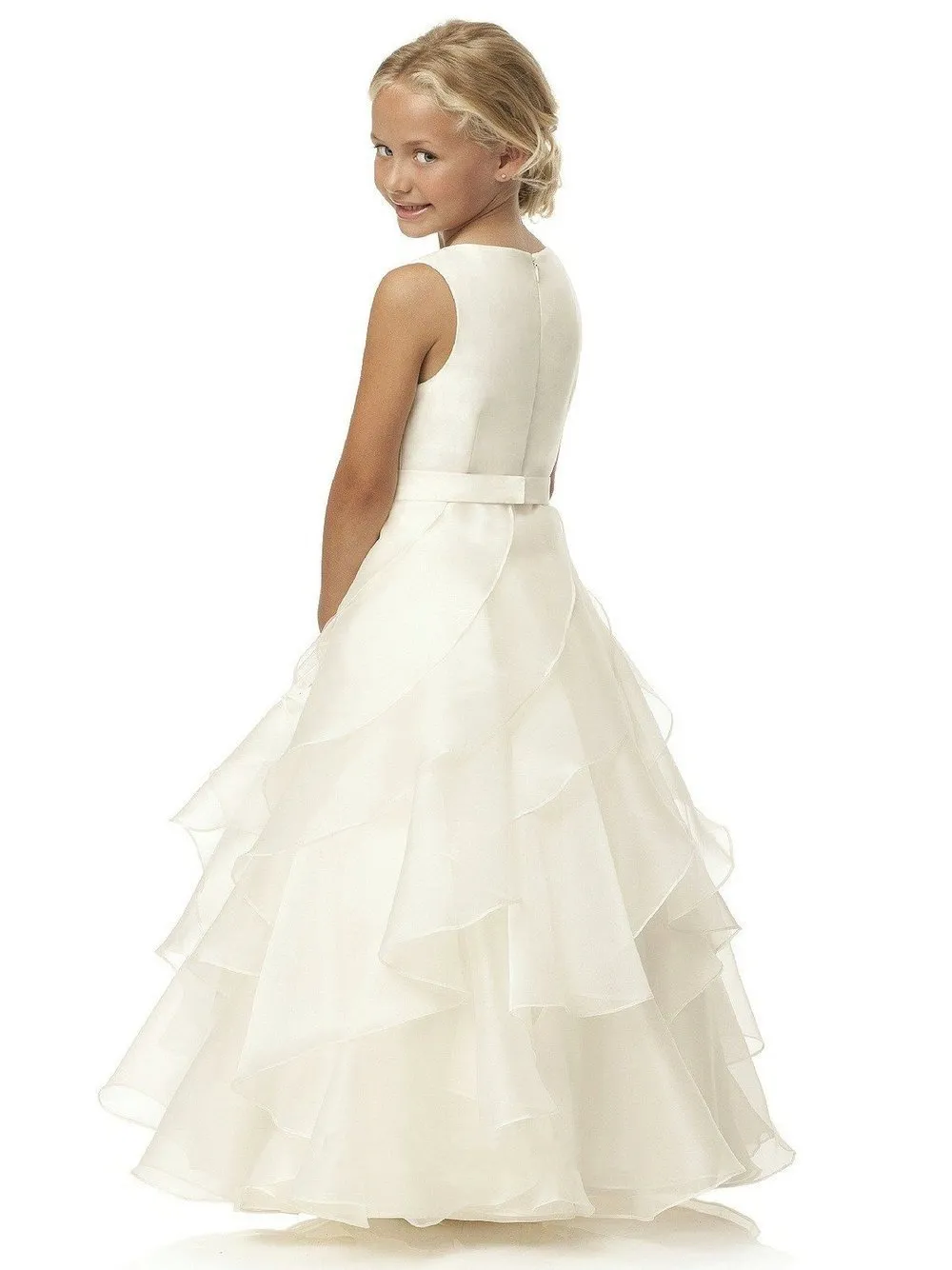 A Line Scoop Ivory Organza Girl's Pageant Dresses Floor Length Flower Belt Kids Formal Wear For Wedding HY1282