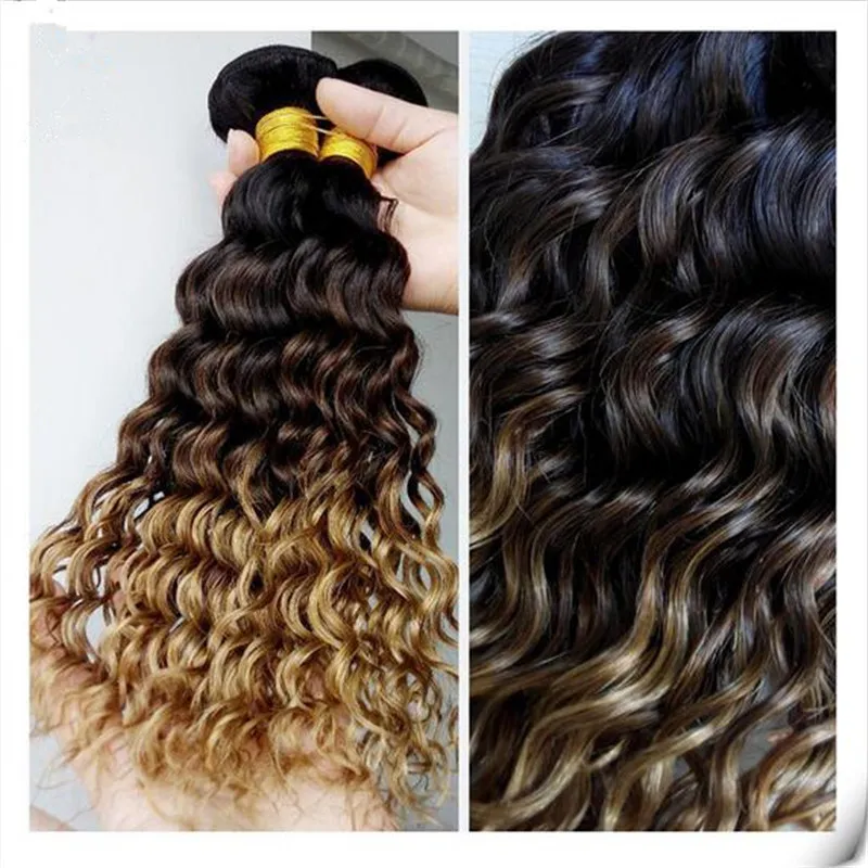 1B / 4/27 Miel Blonde Ombre Brésilienne Profonde Bouclée Faisceaux de Cheveux Humains Vierge Brésilienne Trois Tons Ombre Cheveux Humains Armure Profonde Bouclée