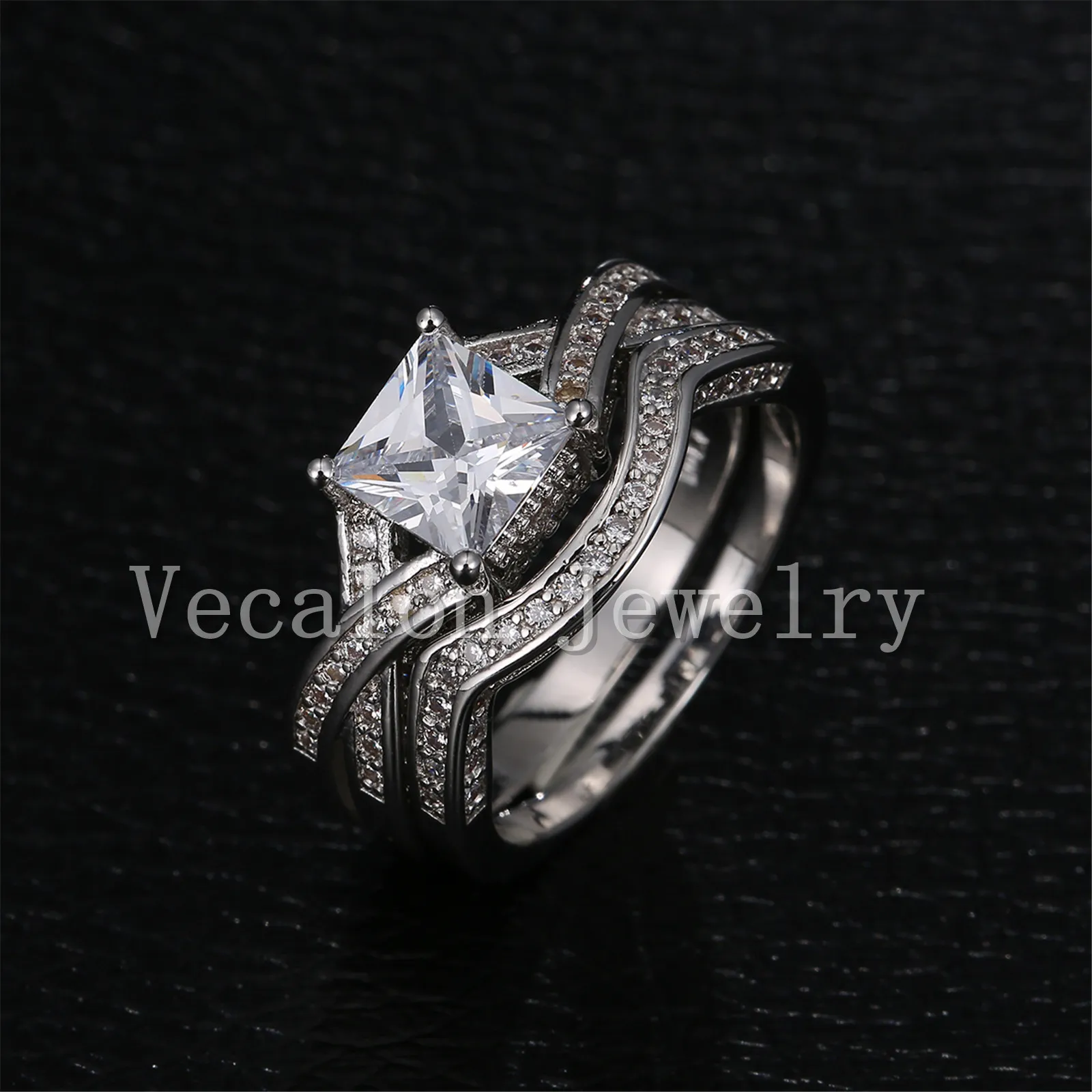 Vecalon marque 2016 nouvelle princesse taille 2ct Cz diamant simulé 10KT or blanc rempli de fiançailles bague de mariage ensemble pour les femmes