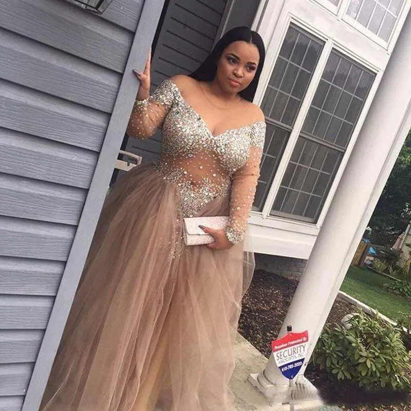 Plus Size Prom Dresses 2016 Sexy Sheer Off Shoulder V Neck Illusion Long Sleeve Crystal Beaded Tulle Evening Dress Custom Made EN75545209