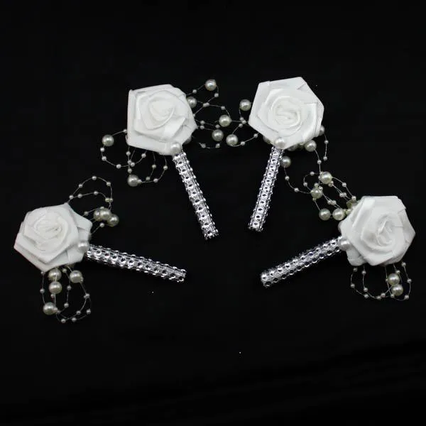 HandMade Groom Boutonniere White Ribbon Rose Wedding Bouquet Flower Groomsmen Corsages Party Prom Man Suit Accessories