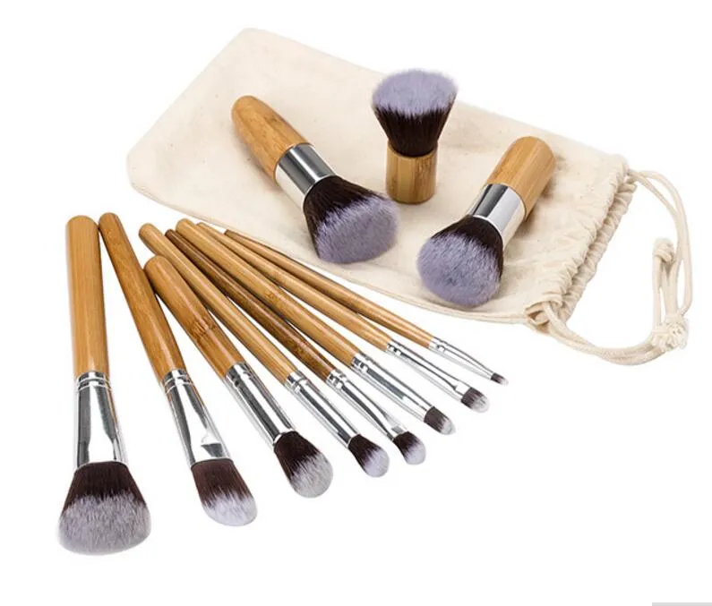 11Pcs Bamboo Makeup Brush Set Professional Facial Cosmetic Brushes Tools Beauty Brushes for Women Make Up Foundation