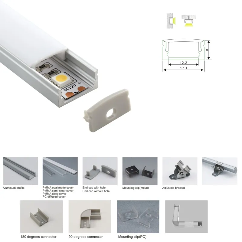 50 x 2m sets / lot u vorm aluminium profiel voor led platte vierkante type LED aluminium behuizing profiel voor muur verzonken licht