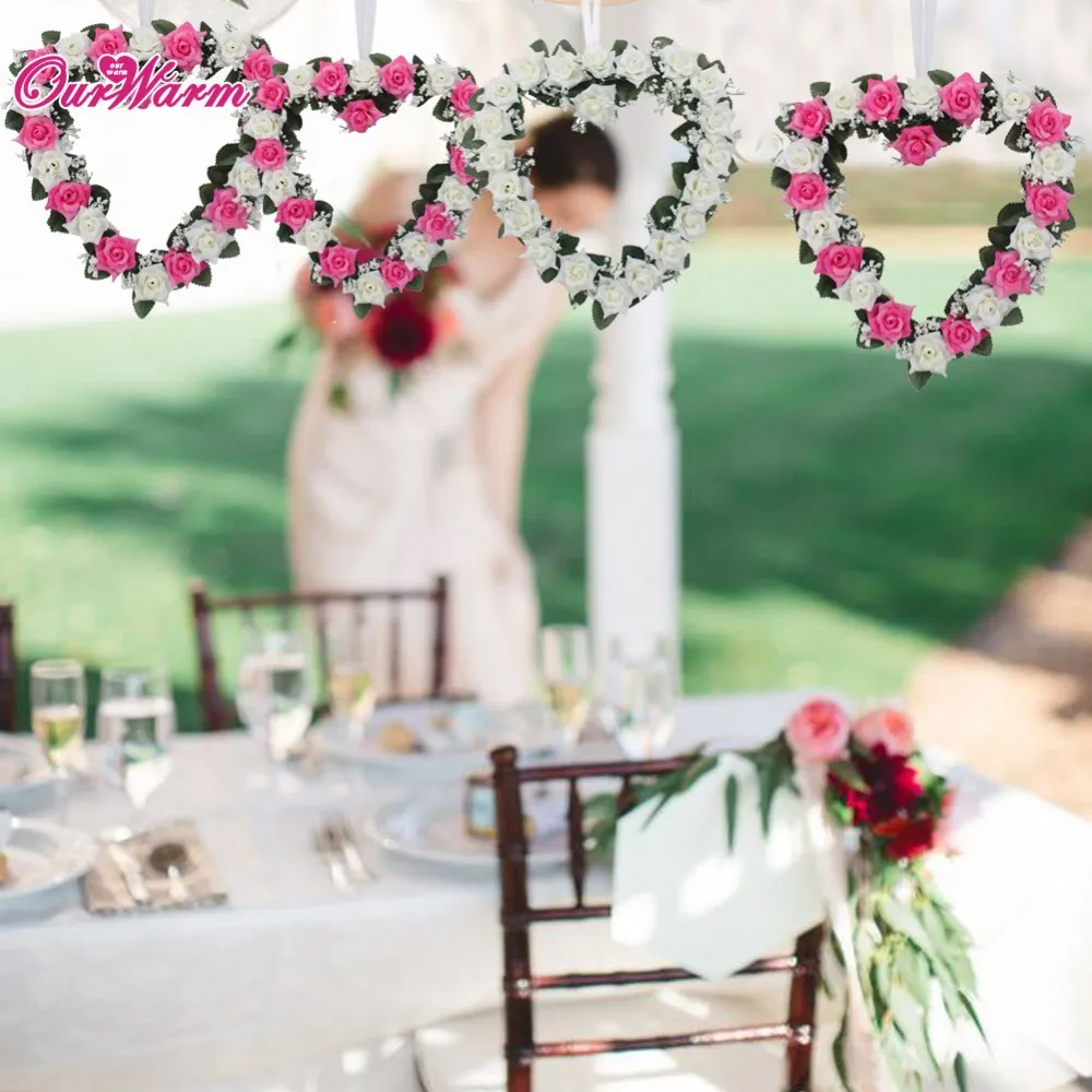 Matrimonio sulla spiaggia Decorazione per auto Cuore Ghirlanda di rose Porta Appeso a parete Nastro di seta Ghirlanda artificiale Decorazioni per la casa Fiore per ornamento domestico