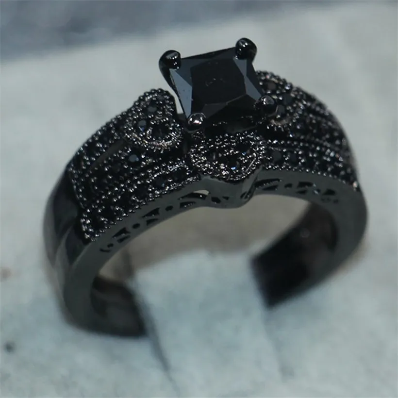 Luxury Black Square diamond ring set 2-in-1 Fashion Jewelry 10KT Black gold filled wedding ring for women size 5-10