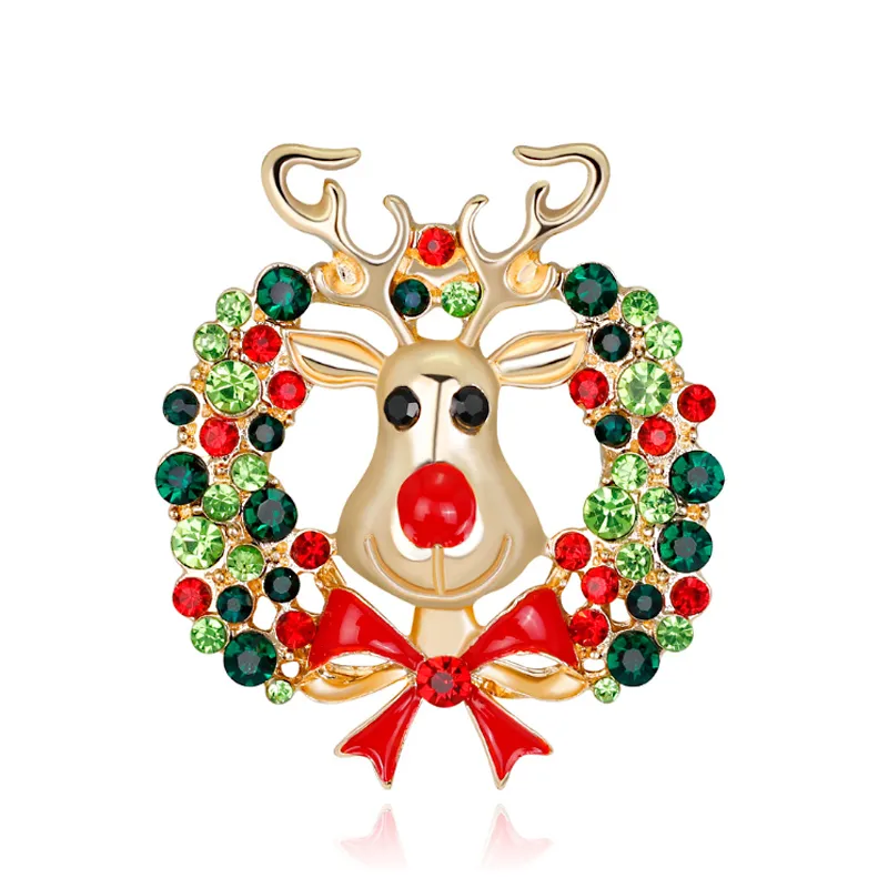 Weihnachtsbrosche mit mehrfarbigen Strass-Emaille-Bowknot-Rentier-Broschen für Frauen, Party, Weihnachtsgeschenk, Schmuck, vergoldet