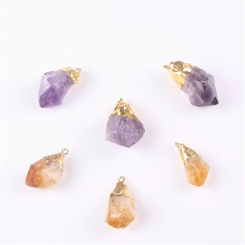 Irregular Handmade Raw Unpolished Amethyst Citrine Crystal Pendant Vintage Gold Plated Quartz Gemstone Necklaces Natural Stone Jewelry Gifts