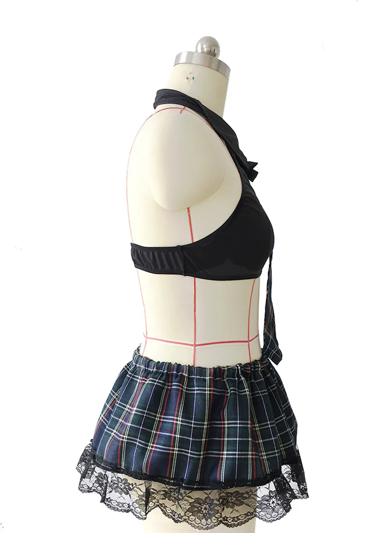 큰 사이즈 3XL 4XL5XL 섹시한 학교 소녀 코스프레 의상 에로틱 란제리 넥타이 탑 미니 체크 무늬 치마 팬시 게임 파티 유니폼