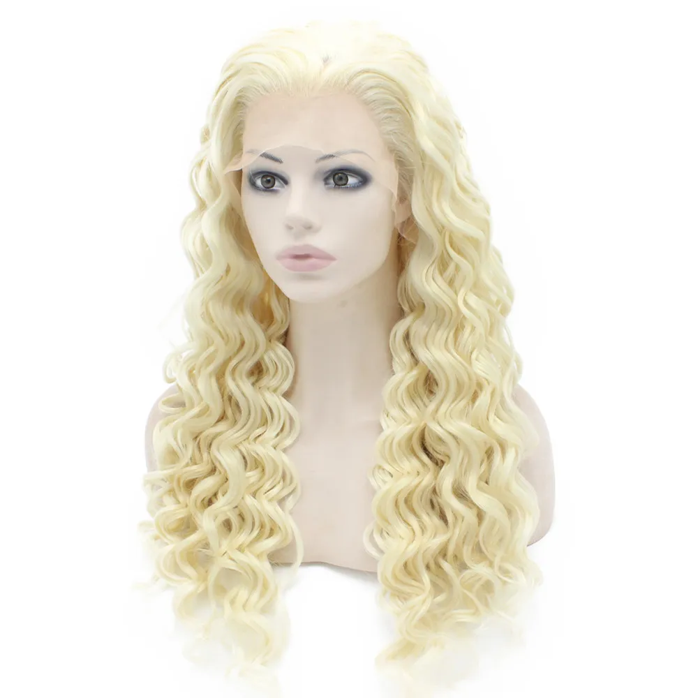 Perruque en dentelle de cheveux en fibre de cheveux blonds clairs et bouclés longs et résistants à la chaleur