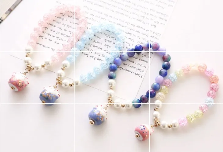 Korea Glass Crystal Powder Crystal Bracelet Colorful Lucky Cat Female Bracelet