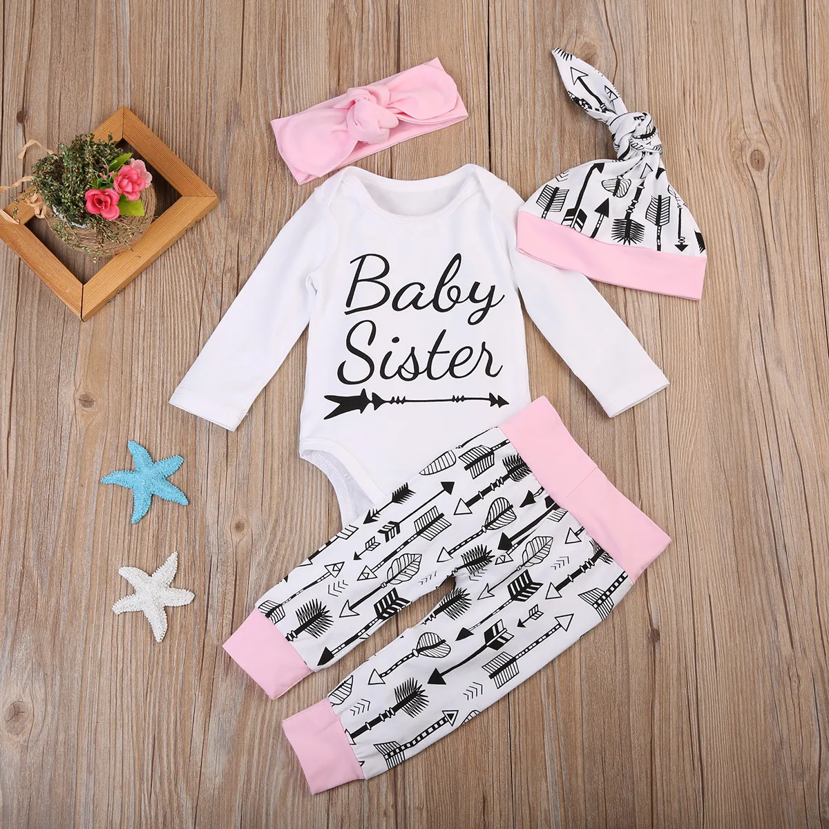 Newborn Baby Girls Clothes Cotton Outfits Baby Sister Letter Romper+Arrow Pants +Hairband+Hat 4Pcs Baby Girls Clothes Set Infant Outfit