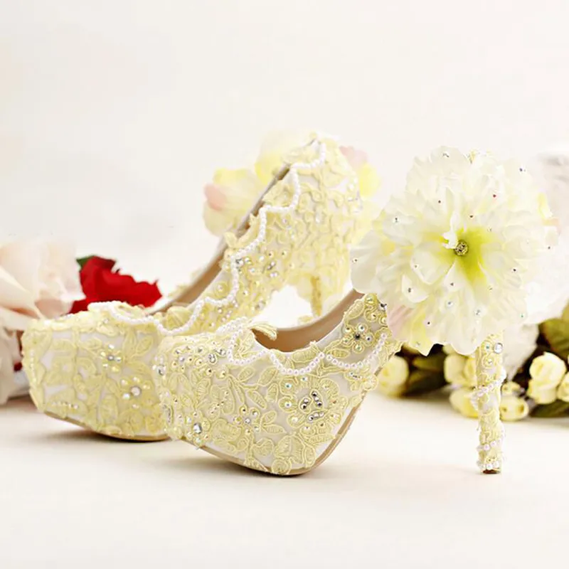 Pure gele bruid schoenen hoge hakken platform jurk schoenen kant bloem strass bruiloft schoenen bruids pompen stiletto hoge hak