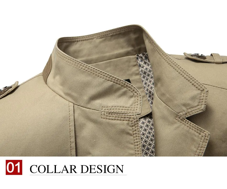 Män Solid Trench Coat Mandarin Collar Fashion Men's Overcoat Slim Fit Brand Clothing Casual Cotton Jacka