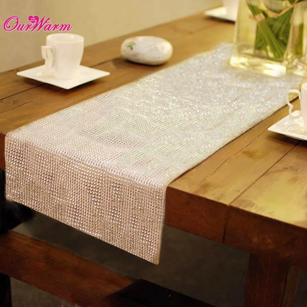 Groothandel-Diamond Mesh Table Runner Bruiloft Bling Decoratie 50 Rijen 24 cm Zilver Rhinestone Wrap Lint Roll Sparkle Crystal