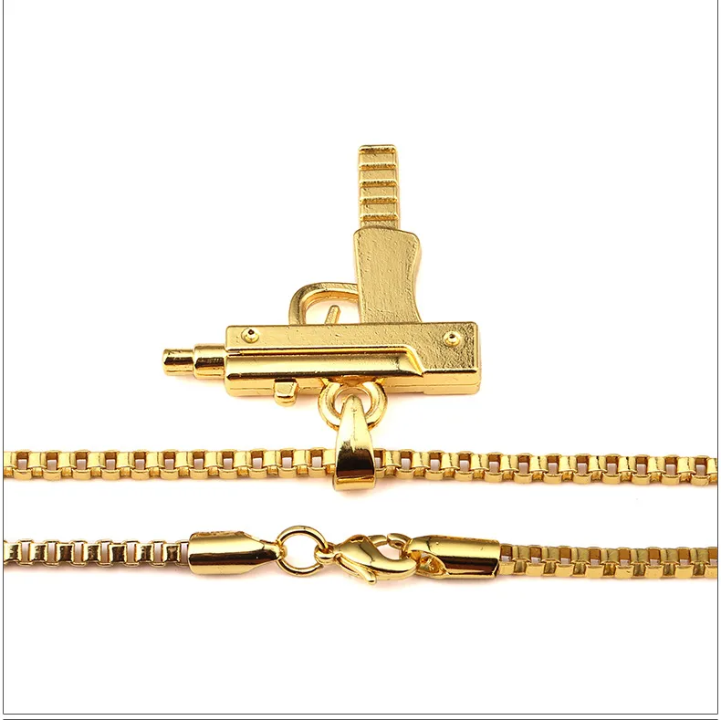 Fabriksförsäljning Guldkedja Pistol Pendant Unisex 18K guldpläterad Submachine Gun Pendant Chain Maxi Gun Halsband för män / Kvinnor Hip Hop