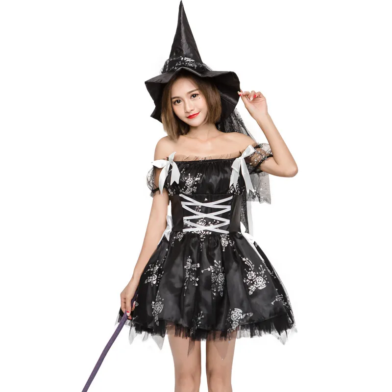 Black Beautiful Elf Mini Dress Women Halloween Party Costume Off Shoulder Sexy Tutu Dress Naughty Witch Cosplay Dress