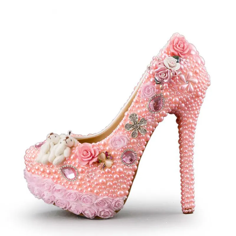 حذاء الزفاف أحذية عالية الكعب رائع كريستال فستان الزفاف الأحذية الوردي اللون اللؤلؤ الدانتيل زهرة منصة مضخات حفلة عيد ميلاد