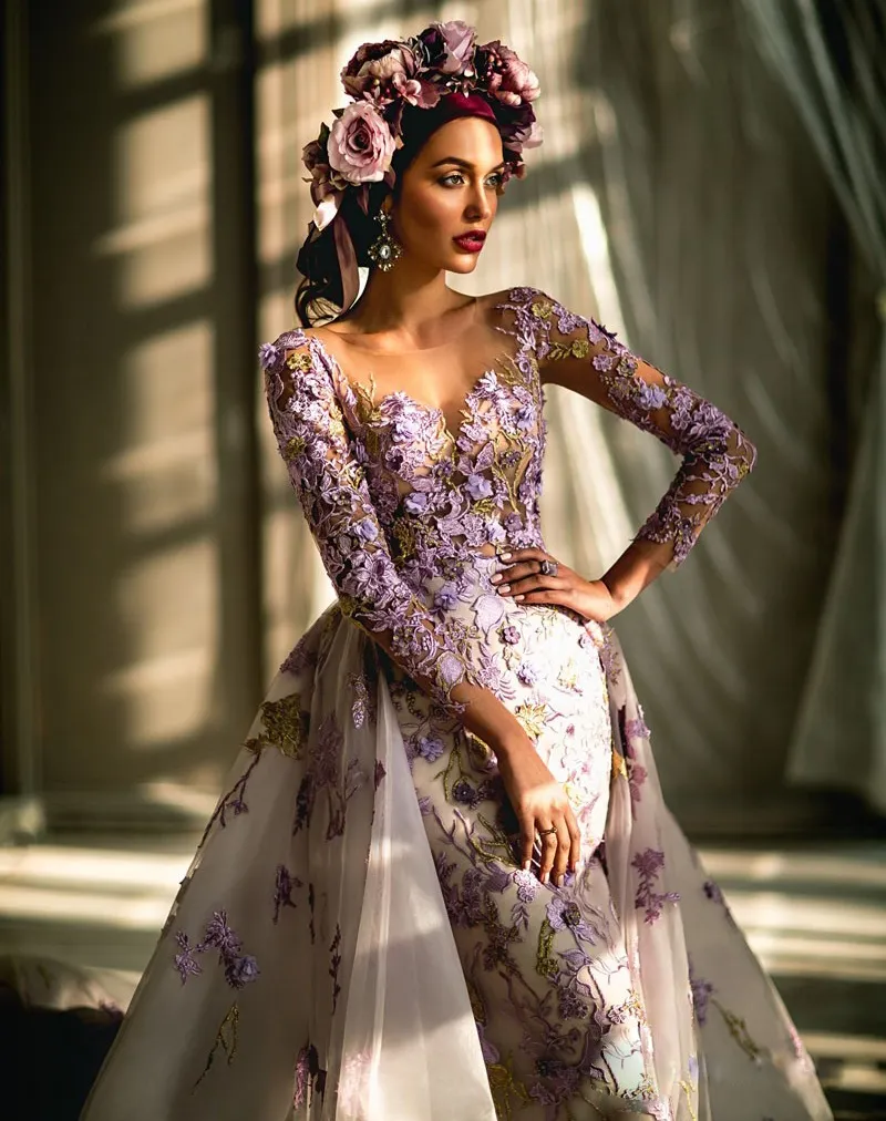 Robe de soirée brodée violet pâle avec sur-jupe Sheer Jewel Manches longues Applique Robes de soirée sirène Robes de bal glamour en tulle