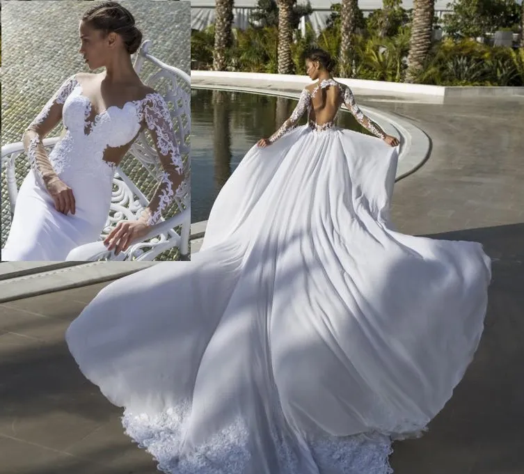 2016 Lace Backless Vestidos De Noiva Sheer Neck Illusion Chiffon Manga Longa Sobre Saia Praia Vestidos De Noiva Vestidos de Casamento Trem Destacável