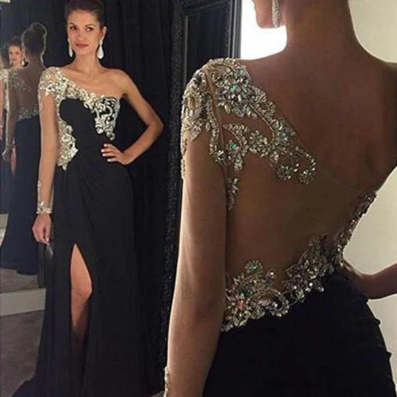 Sparkly Black Prom Dress One Shoulder Single Sleeve Illusion Crystals Beads Chiffon Evening Party Gowns with Split Sweep Train