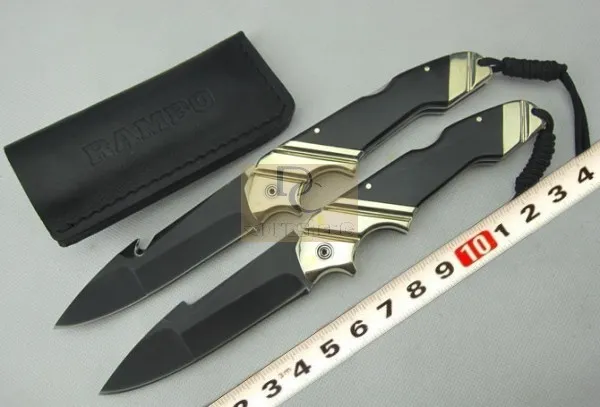 Rambo Big Folding Knife 9CR18mov Black Blade Brass + Hornhandtag med läderskede för jakt Camping EDC-verktyg