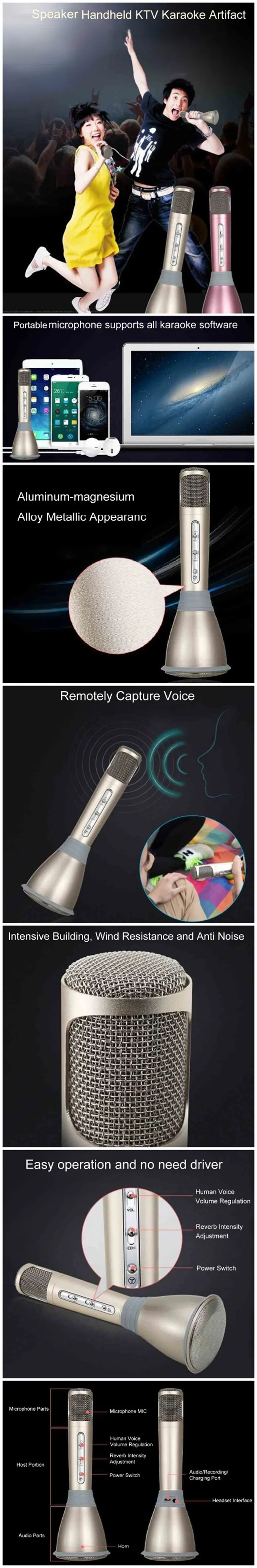 2016Newest K068 Wireless Bluetooth Microphone With Mic Speaker