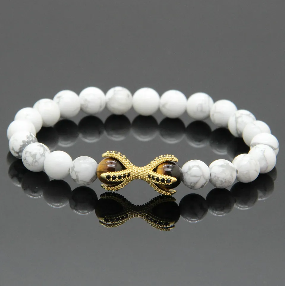 Commercio all'ingrosso 10 pz/lotto Bianco Howlite Pietra di Marmo Giallo Perline Occhio di Tigre Micro Intarsio Nero CZ Perline Eagle Paw Mens Bracciali