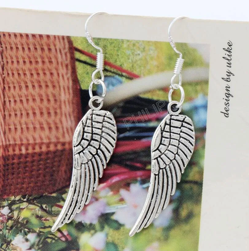 Angel Wing Dangle Chandelier Boucles d'oreilles 925 Silver Fish Ear Hook / E084 46.5x9.2mm