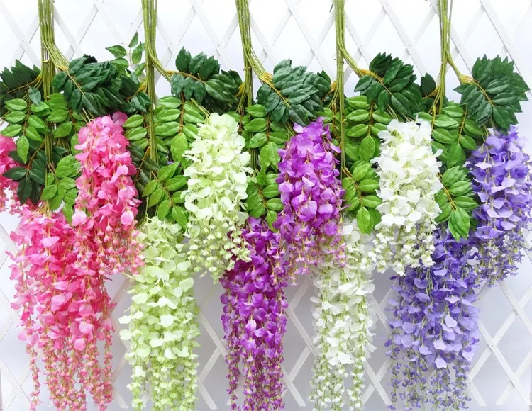 Décorations de mariage glamour 2019, idées de fête d'anniversaire, blanc, violet, vert, rouge, fleurs artificielles en soie, vigne de glycine, 3 fourchettes par pièce