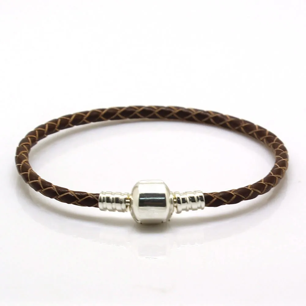 20CM Authentic 925 Sterling Silver Clasp Bead Original Stamp Woven Leather Bracelet Fits PCharms Bracelet DIY Fashion Jewelry