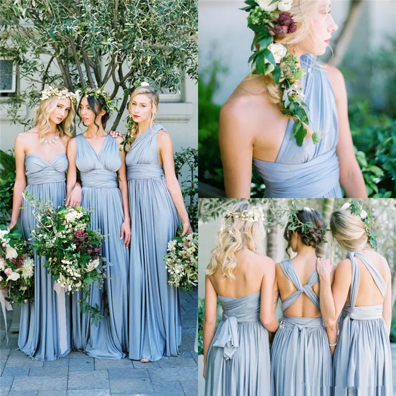 2019 New Dusty Blue Covertible Bridesmaid Dresses Pleated Floor Length ...