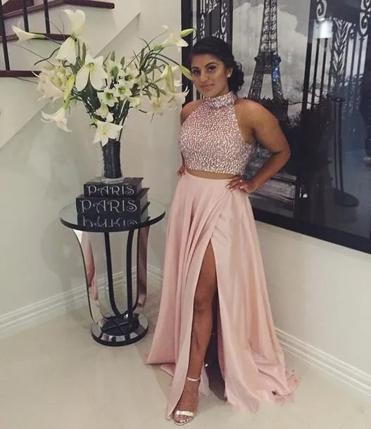 High Neck Crystal Beaded Two-Piece 2 Piece Prom Dresses with Hollow Back and Side Split - Plus Size 2016 OCN Gown