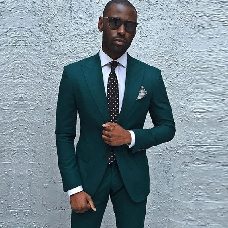 Przystojny Hunter Green Men Suit Smokiełki na ślub Dwa kawałki Groom Garnitury Bridal Custom Made Groomsmen Garnitury Kurtka + Spodnie