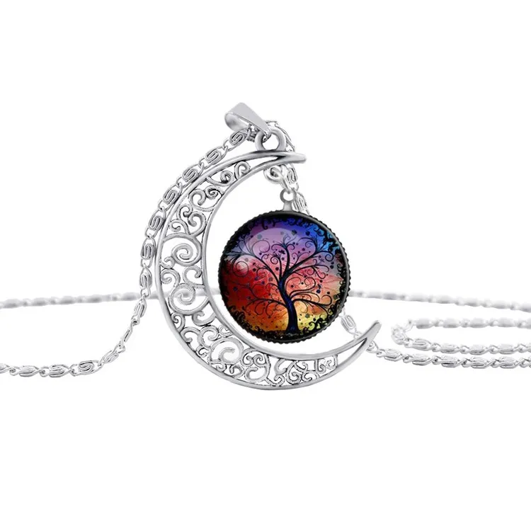 Pretty Chokers Necklaces Wholesale Vintage Hollow Glass Galaxy Lovely Moon Gemstone Silver Chain Necklace Life Tree Moon Pendant Necklace