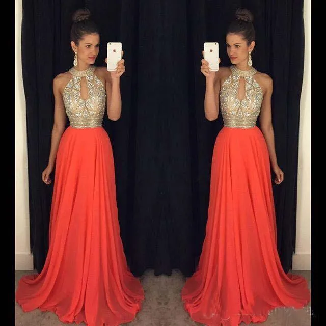 2016 Pageant Dresses Halter High Neck Prom Dresses Cheap Bridesmaid Dresses Chiffon Long Dresses Evening Wear Custom Made Formal Party Gowns