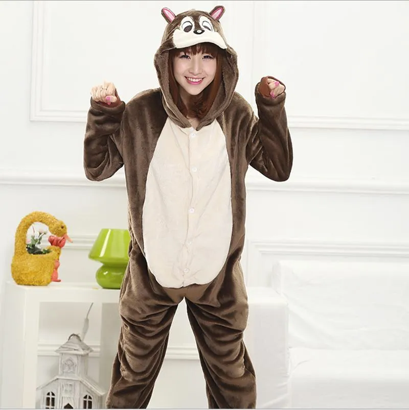 Adult Flannel Pajamas Cute Cartoon Chipmunk Animal Winter Sleepwear Women Ladies Pajama Set Female Hooded Homewear Pyjama