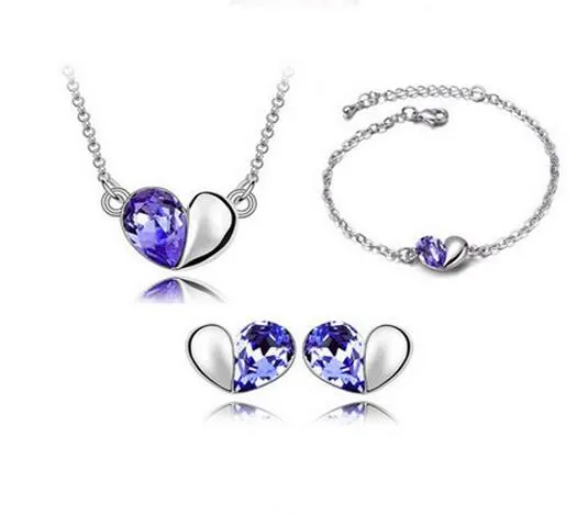 Cristal autrichien coeur 925 argent plaqué pendentif collier boucles d'oreilles et bracelet pour femme ensemble de bijoux de mode