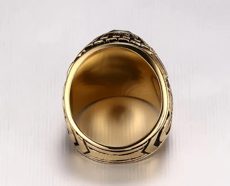 Edelstahl-Herren-Punk-Ringe, Vintage-Schmuck, geschnitzt, geometrisch, Hipster, grüne Strasssteine, hochglanzpoliert, Zubehör, Gold, Größe 8–11