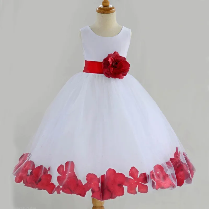 Adorável Dois Tons Vermelho e Branco Flor Menina Vestidos Baratos Flor Meninas Vestido para Casamentos Crianças Formais Vestido Bow Sash Pétalas Chá Comprimento